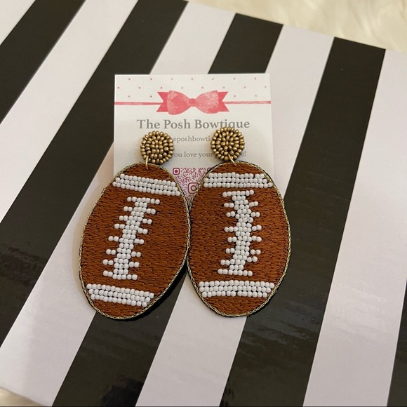 Football Seed Beaded Game Day Brown Oval Earrings with White Bead Laces - Picture 3 of 10